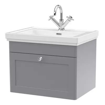 Traditional Wall Hung Drawer Vanity Unit with Tap Hole Fireclay Basin, 600mm - Satin Grey