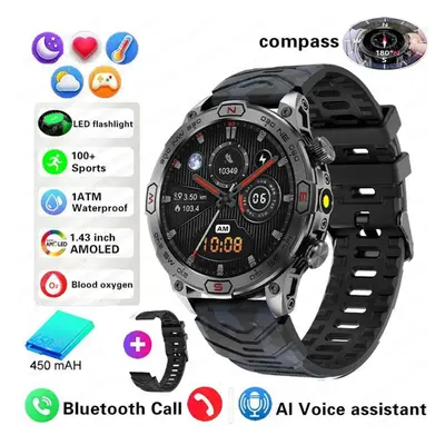 (black, Camouflage + silicone) New Outdoor Military Gps Smart Watch Men Amoled Hd Screen Heart R