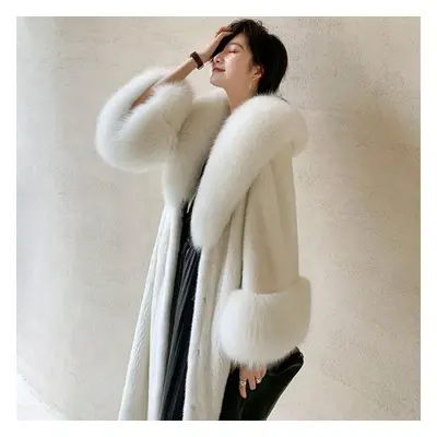 (as the picture, XL) Winter Fur Coat Women&apos;s Long Mink Coat Fox Fur Collar Casual Trench Co