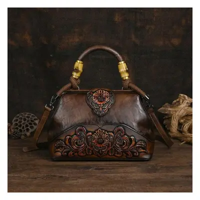 (coffee) Ladies Luxury Handbag New Vintage Handmade Leather Carved Women Tote Bag Versatile Fema