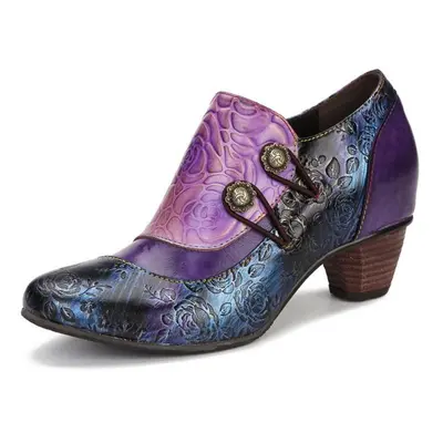 (purple, 40) Johnature Genuine Leather Ethnic Style Pumps Women Shoes Round Toe Fashion Handmade