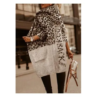 (L, grey) Autumn Winter Leopard Cardigan Women Knitted Sweater Pullovers Warm Thick Jumpers Maxi