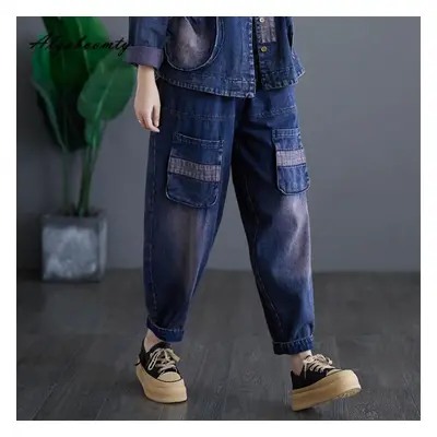 (as the picture, L) Korean Style Spring Autumn Women Stylish Jeans Elastic Waist Patchwork Casau