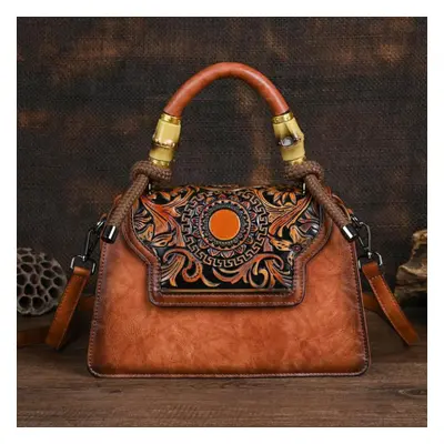 (brown) Johnature Vintage Handmade Embossed Women Leather Bag Luxury Handbag Versatile Female Sh