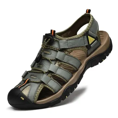 (green, 44) Plus Size Men&apos;s Genuine Leather Sandals Beach Sandals Casual Shoes