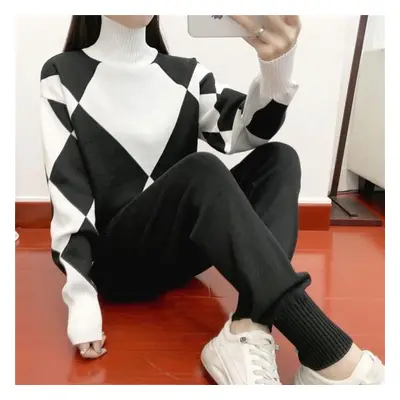 (black, L) Women Sets Sweater Thick Knitted Sets Pullovers +long Pant Casual Track 2pcs Suits