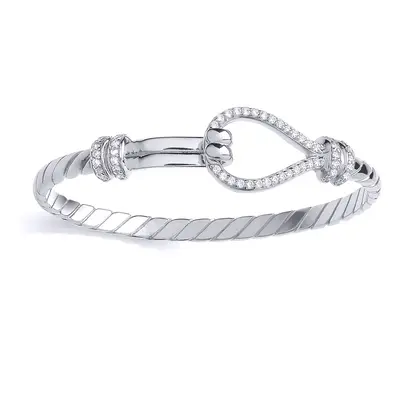 Jewelco London Kids Rhodium Plated Sterling Silver CZ Stirrup Hook Rope Edge Baby Bangle Bracele