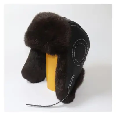 (coffee, 56cm) Men&apos;s Fur Caps Warm Natural Rabbit Fur Bomber Hat With Earflaps Winter Hot S