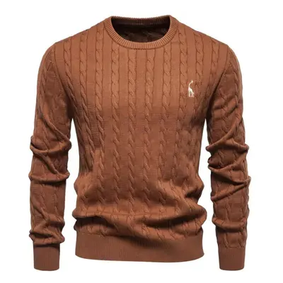 (light brown, 65-75 kg) Aiopeson Mens Giraffe Embroidery Cotton Sweaters Round Neck Classic Twis