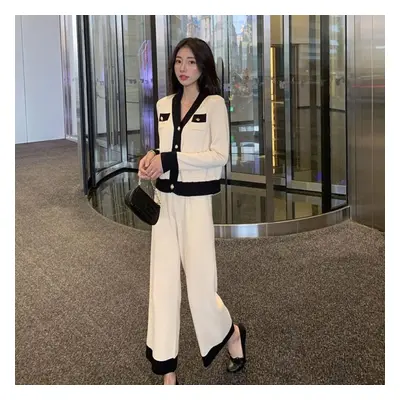 (white, M) Fashion Women&apos;s Suit Spring Knit Suit Fashion Professional Knitted Wide-leg Pant