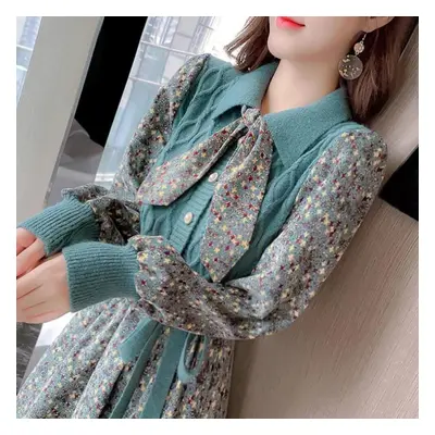 (green, L) Autumn And Winter Floral Corduroy Dress Stitching Fake Two-piece Woven Waist Tie Bow 