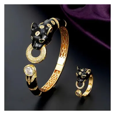 (004 gold ring 9) Zlxgirl Jewelry Jet Cubic Zircon Leopard Animal Bridal Bangle Jewelry Europe D