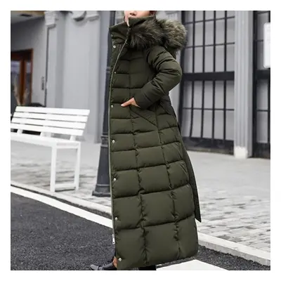 (green, XXL) New Winter Jacket Women&apos;s Warm Fashion Bow Belt Fox Fur Collar Coat Long Dress