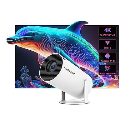 White Auto Keystone Correction Mini Portable Projector, 4K/200 ANSI Smart Projector with WiFi6, 