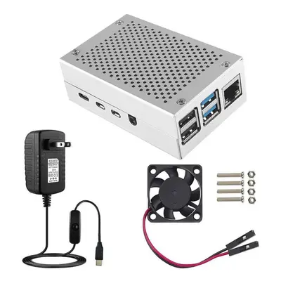 (Silver) Case for Raspberry Pi with Aluminum Metal Cooling Fan 5V 3A USB-C Power Supply ON/Off S