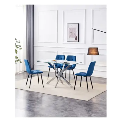 Dining Table and Chairs Rectangle Blue Table Grey Velvet Chairs Dining Set