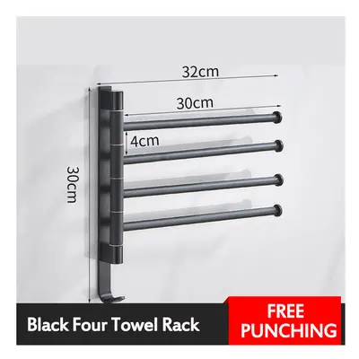 (Black four towel rack) Aluminum Wall Mount Towel Rail Rack Rotatable Holders 2/3/4/5 Storage Ha