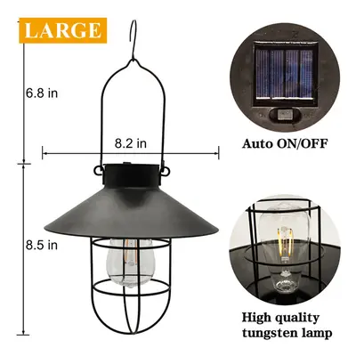 (L - Black) Black/Bronze Retro Solar Powered Lantern Outdoor Hanging Solar Light Vintage Lamp Wi