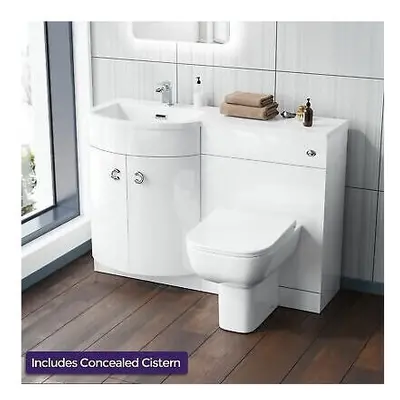 1100 mm P Shaped LH White Vanity Basin Cabinet and Wc BTW Toilet Unit | Dene