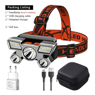 (D Packing) 5LED Bright Portable Headlamp USB Rechargeable Built-in Battery Flashlight Lightweig