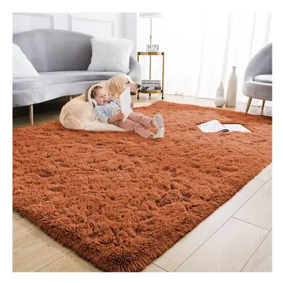 (160 x cm (5ft 3in x 7ft 6in), Orange Rust) Xtra Large Area Rugs Nonslip Soft Shaggy Fluffy Rug 