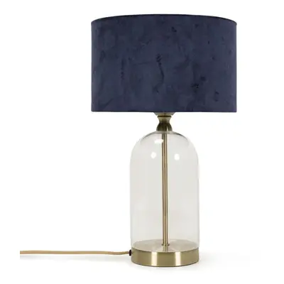 Glass and Gold Metal Table Lamp with Navy Blue Velvet Shade Light