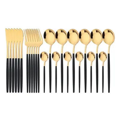 (black,gold) 24pcs Mint Gold Dinnerware Set Knife Fork Coffee Spoon Cutlery Western Stainless St