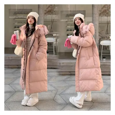 (pink, L) Women&apos;s Autumn Winter Hooded Solid Color Pocket Drawstring Loose Warm All Match P