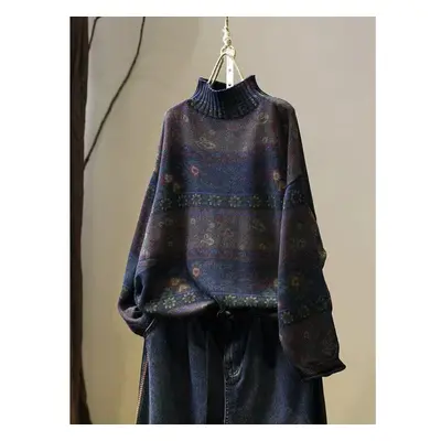 (One Size, navy blue) Johnature Korean Vintage Floral Print Mock Neck Casual Loose Sweater Woman