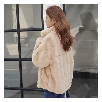 (apricot, XL) Winter Women&apos;s Coat Long Sleeves Plush Jacket Fluffy Overcoats Zipper Faux Mi