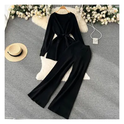 (black, One Size) Autumn Two-piece Suit Niche Design Lace-up Waist Long-sleeved Knitted Cardigan