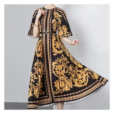 (black, One Size) Summer Women Vintage Baroque Print Half Sleeve Loose Long Maxi Runway Party Pl