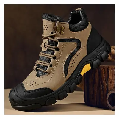 (khaki, 46) Men&apos;s Cowhide Snow Boots Non-slip Sports Breathable Bare Boots Outdoor Hiking B