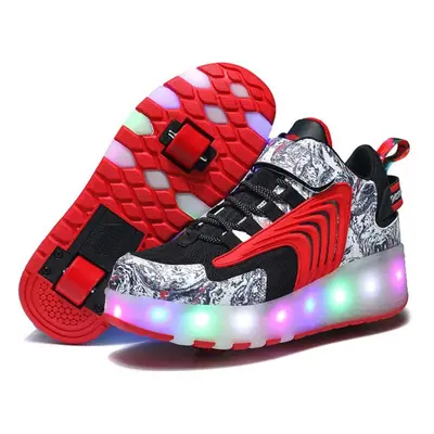 (black,red, 32) Detachable Wheel Boys/girls Double Wheel Luminous Sneakers Can Be Sneakers For S