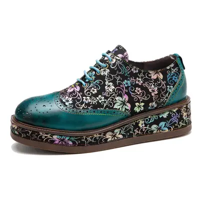 (green, 42) Johnature Genuine Leather Handmade Flat Platform Round Toe Thick Soled Retro Floral 