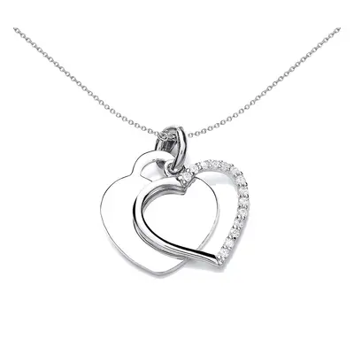 Jewelco London Ladies Rhodium Plated Sterling Silver Cubic Zirconia Dual Love Heart Tag Charm Ne