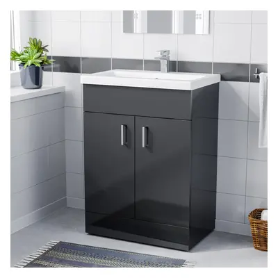 Nes Home Dark Grey 600mm Floor Standing Vanity Unit & White Basin Flat Pack