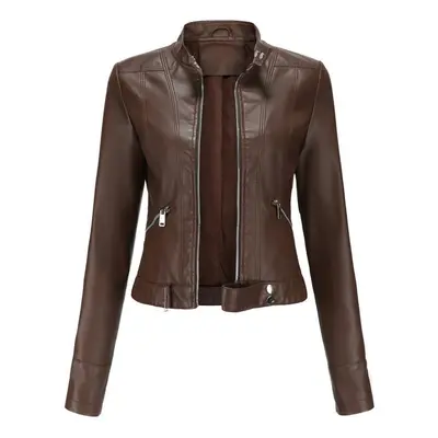 (coffee, S) Women&apos;s Short Small Coat Spring Autumn Stand Collar Long Sleeve Thin Leather Ja