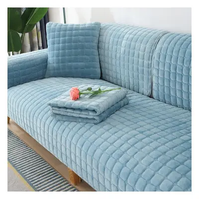 (light blue, 110x240cm) Solid Color Non-slip Sofa Cover Thickened Soft Plush Sofa Cushion Towel 