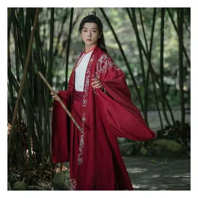 (red, 2XL) Cross-collar Hanfu Chinese Wei And Jin Dynasties Style Embroidered Couple Suit