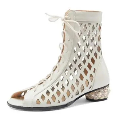 (white, 41) Krazing Pot Cow Split Leather Peeptoe Summer Boots Fashion Hollow Decorations Summer