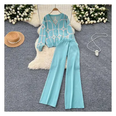 (green, One Size) Fashion Basic Knitted Suits Ladies Single Breasted Print Cardigan+high Waist W