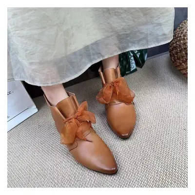 (camel, 38) Johnature Retro Women Short Boots Genuine Leather Shoes Handmade Pointed Toe Lace-up