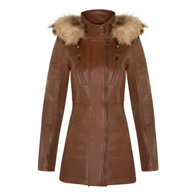 (S) Womens Tan Leather Detachable Hooded Trench Coat