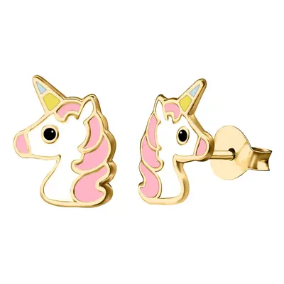 Jewelco London 9ct Yellow Gold Enamel Cute Cartoon Unicorn Stud Earrings 9mm - JES374