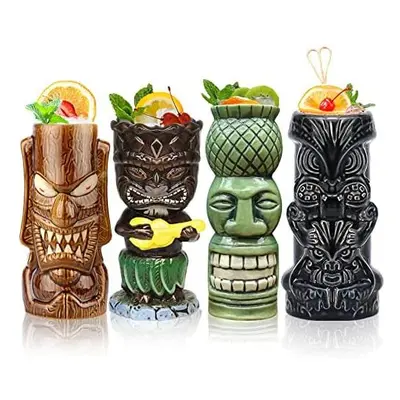 Tiki Mugs Glasses Tiki Mug for Cocktails Set of Large Ceramic Tropical Cups Hawaiian Tiki Party 