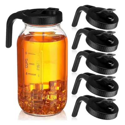 (Black) 5pcs Wide Mouth Mason Jar Pour Spout Lids with Handle Reusable Plastic Flip Cap Lid, Lea