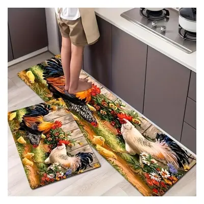 (120*160cm) Rooster Sunflower Soft Kitchen Rug Anti-fatigue Kitchen Rug Waterproof Non-slip Rugs