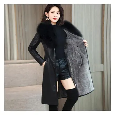 (black, 2XL) Women&apos;s Leather Jacket Winter Women&apos;s Coat With Fur Fox Collar Warm Slim 