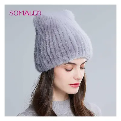 (grey,purple) Somaler Genuine Mink Fur Hats For Women Winter Knitted Strips Mink Fur Caps Headwe